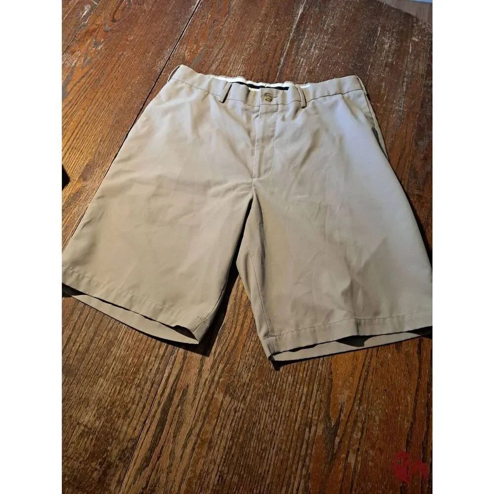 PGA TOUR Men’s 34 Khaki Tan Golf Shorts Flat Front Polyester Pockets Belt Loops